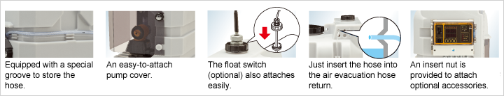 Equipped with a special groove to store the hose. An easy-to-attach pump cover. The float switch (optional) also attaches easily. Just insert the hose into the air evacuation hose return. An insert nut is provided to attach optional accessories.